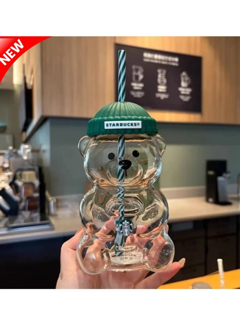 Starbucks Clear Glass Bear Tumbler with Green Ribbed Lid and Green-White Straw